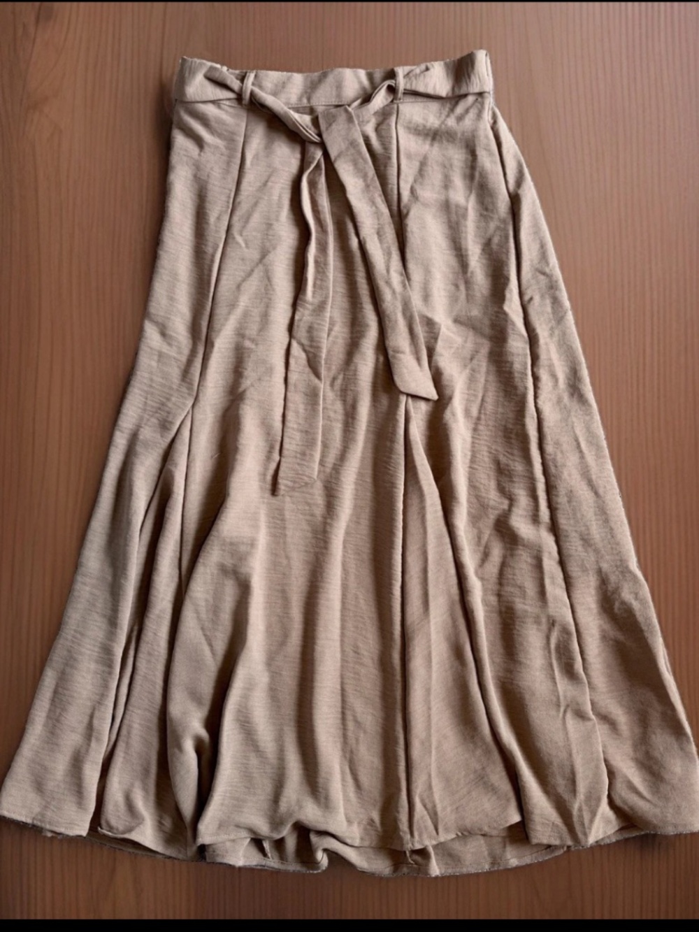 JOIE DE VIVRE Skirt Womens Large Tan Belted Pleated Panel Seams A-Frame Midi EUC